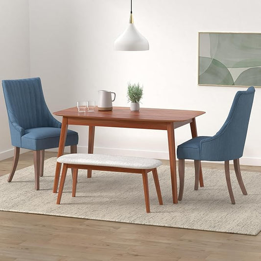 mikibama Linen Dining Chairs Set of 2 Channel Tufted Kitchen Dinner Chair Comfy Fabric Upholstered Accent Chair for Dining Room with Solid Wood Legs (Blue)