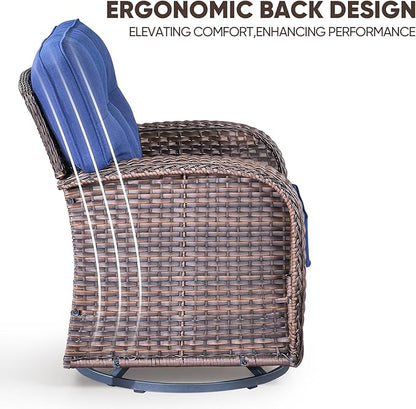 9-Piece Rotating Balcony Chair Set with 31-inch T-Shaped Wide backrest - Rattan Outdoor Rotating Balcony Chairs, Wide backrest Comfortable Outdoor Sliding Chair - Brown | Blue