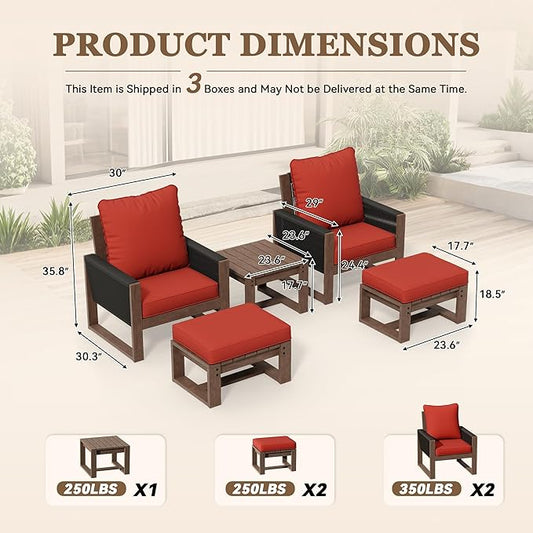 5 Piece Patio Bistro Chair Set with Ottoman, Wooden Outdoor Patio Furniture Set, Patio Wicker Chairs with Coffee Tables for Balcony Deck Backyard