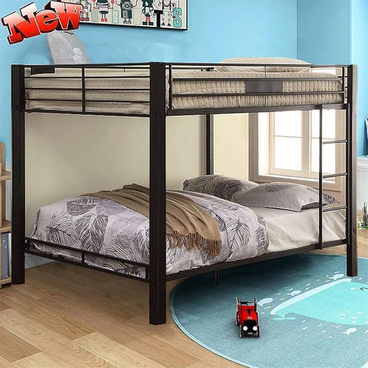 Upgraded Version Thicken Metal Full XL Over Queen Bunk Bed, Stronger Heavy Duty Steel Bunk Bed Full Over Queen Size, Best Bunkbed Frame for Adults, Easy Assembly, Black (Queen)