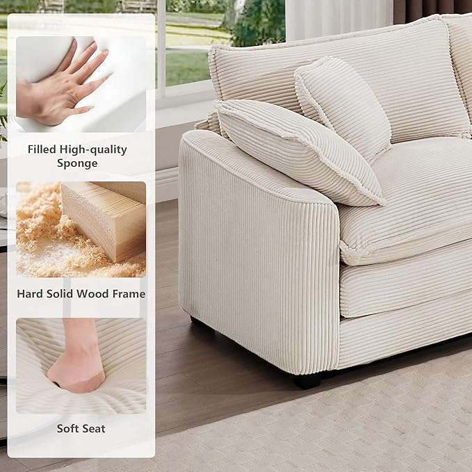 mikibama Luxury 3 Piece Sofa Set, Loveseat Couch & 2 Single Sofa Set, Modern Corduroy Comfy Cloud Couches Set for Living Room Office with 2 Armrest Pillows and 4 Toss Pillows, Beige