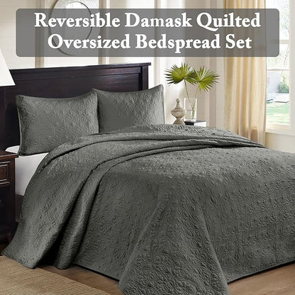 Madison Park Quebec Reversible Damask Design, Double Sided Quilting All Season, Lightweight Coverlet Bedspread Bedding Set, Matching-Shams, Queen(102"x118"), Dark Grey