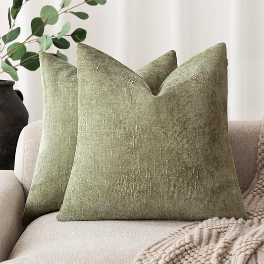 Foindtower Pack of 2 Soft Textured Chenille Throw Decorative Pillow Covers Square Accent Solid Cushion Cover Cozy Neutral Farmhouse Pillow Case for Couch Sofa Bedroom Living Room 22x22 Inch,Sage Green