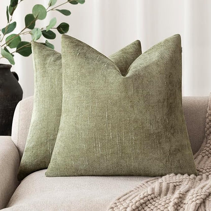 Foindtower Pack of 2 Soft Textured Chenille Throw Decorative Pillow Covers Square Accent Solid Cushion Cover Cozy Neutral Farmhouse Pillow Case for Couch Sofa Bedroom Living Room 16x16 Inch,Sage Green