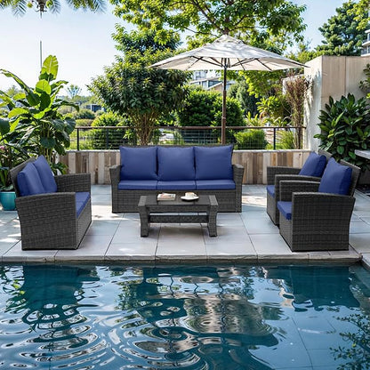 Wisteria Lane 5 Piece Patio Furniture Set, Wicker Outdoor Patio Conversation Furniture Set, All Weather Outdoor Patio Sofa with Cushion and Glass Table, Blue