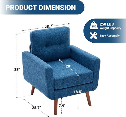 Tbfit Linen Fabric Accent Chairs Set of 2, Mid Century Modern Armchair for Living Room, Bedroom Button Tufted Upholstered Comfy Reading Accent Chair Sofa(Blue)