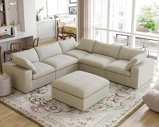 Cloud Modular Sectional Sofa for Livingroom,Large Down Filled Comfort Corner Sectional Sofa Couch with Ottoman,Wide Deep Seat Convertible Couches for Office Apartment,V Shaped,Khaki