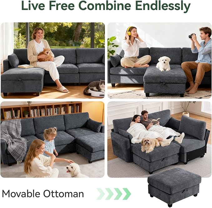 109'' Modular Sectional Sofa, L Shaped Couch with Storage Ottoman, Comfy Cloud Sofa with Deep Seat, 4 Seat Convertible Sectional Couches for Living Room (Gray, High Legs 3.15'')