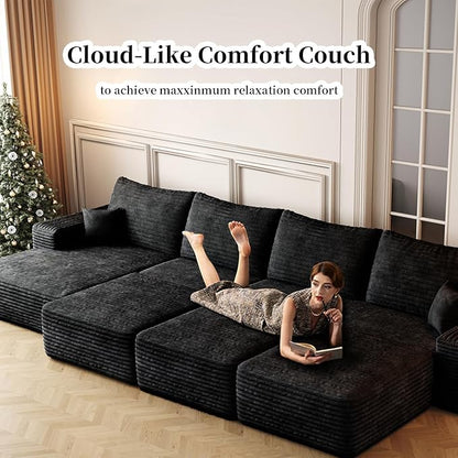 107.5" Compressed Boneless Couch with Ottoman, 2 Seater Large U Shaped Sectional Couches for Living Room, Black Corduroy Cloud Modular Sectional Sofa, Memory Foam, No Assembly，Light Facing Chaise
