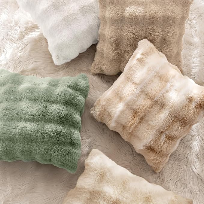 MIULEE Faux Fur Pillow Covers Thick Soft Plush Throw Pillows Luxury Home Decor for Couch Bed Bedroom Living Room Sofa,20x20 Inch Pack of 2 White-Beige