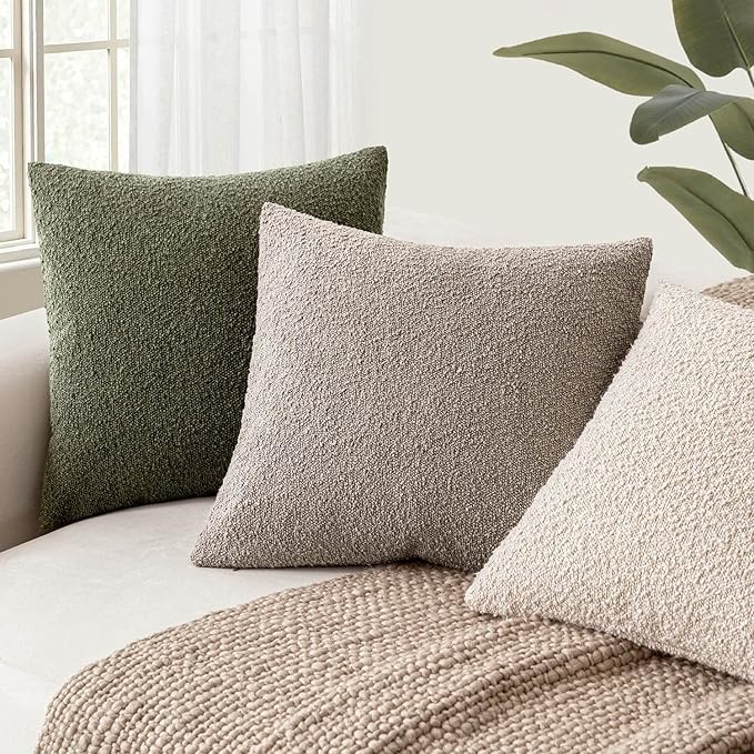 Foindtower Set of 2, Decorative Textured Boucle Throw Pillow Covers Accent Solid Pillow Cases Neutral Soft Cozy Couch Cushion Case for Chair Sofa Bedroom Living Room Home Decor 26x26 Inch Light Taupe