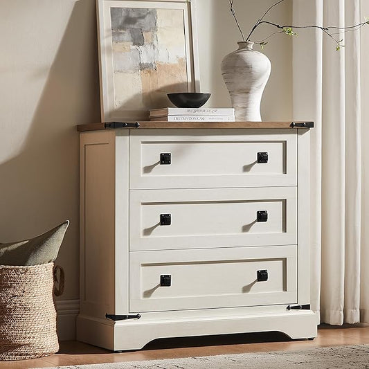 T4TREAM Farmhouse 3 Drawers Dresser for Bedroom, Rustic Wood Wide Dresser TV Stand for Living Room, Hallway, Antique White