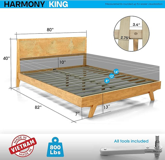 Acacia Harmony King Platform Bed Frame – Solid Rubber Wood, Natural Oak Finish, Mid-Century Style, Bold Circular Wood Pattern, 800lbs Capacity, No Box Spring Needed, Easy Assembly