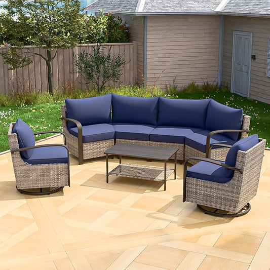 COOS BAY Aurora Terrace Half-Moon Outdoor Furniture Set, Rattan Conversation Set with Swivel Rockers, Curved 4-Seat Sofa, Coffee Table, Seats 6, Beige/Blue