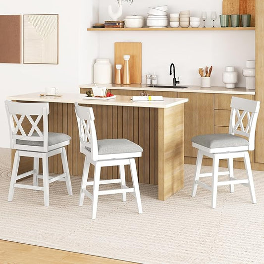 COSTWAY Bar Stool Set of 3 for Kitchen Island, 26" Counter Height Chair with Ergonomic Backrest, Foot Rest, Padded Seat & Solid Wood Structure, 360°Swivel Farmhouse Barstool with Back