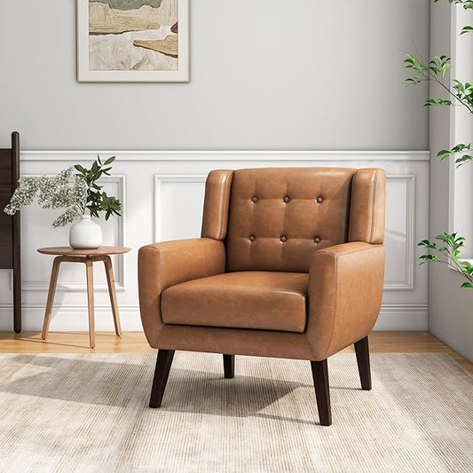 Accent Chair, Mid-Century Modern PU Leather Chairs with Arms for Living Room, Comfy Upholstered Club Single Sofa Armchair for Bedroom Waiting Room with Solid Wood Frame（Leather Brown, Set of 1)