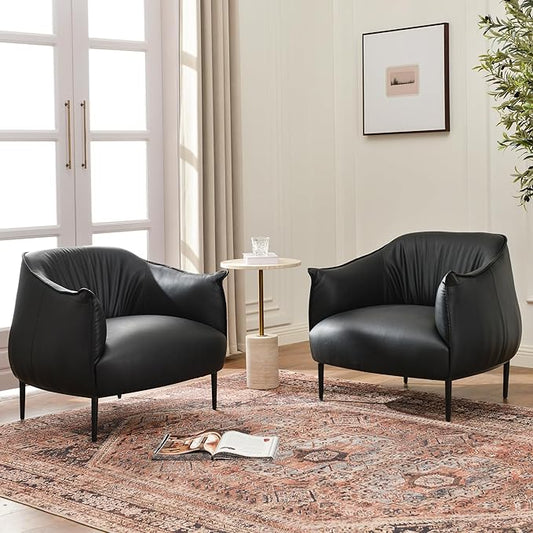 KINWELL 33" W Faux Leather Barrel Chairs Set of 2 with Hand-Tufted Pleated Back Flared Arms, Modern PU Upholstered Accent Chairs with Metal Legs, Large Armchairs Lounge Chairs for Living Room, Black