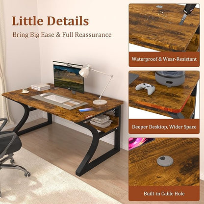 AZN Computer Desk, 55'' Computer Desk, Home Office Desks w/Storage, Home Office Desks w/U-Size Metal Frame for Home Office Bedroom, Study Writing Work Table w/Water-Resistant, Scratchproof Surface