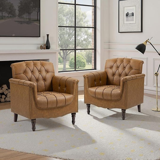 Faux Leather Accent Chair, PU Leather Modern Comfy Upholstered Armchair with Wood Legs & Nailhead Trim for Living Room, Bedroom (Camel,Set of 2)