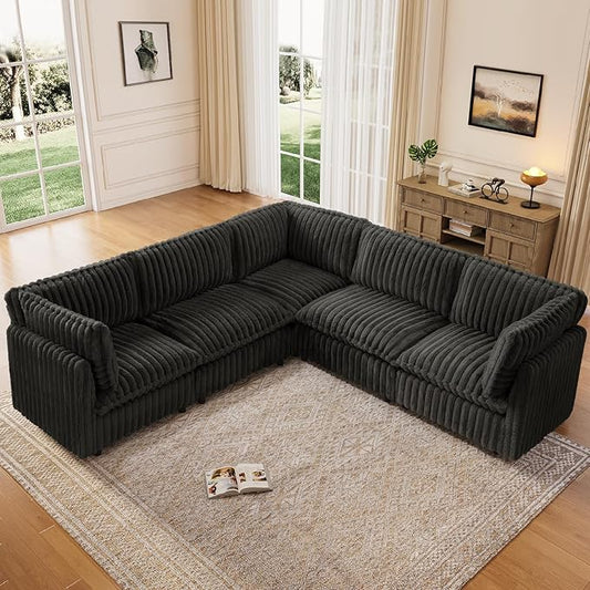 KKL Modular Sectional Couch for Living Room, V Shaped Corduroy Couches with Corner Seat, 5 Seater Oversized Sofa Convertible to Sleeper, Soft Fabric Modern Sofa, Black