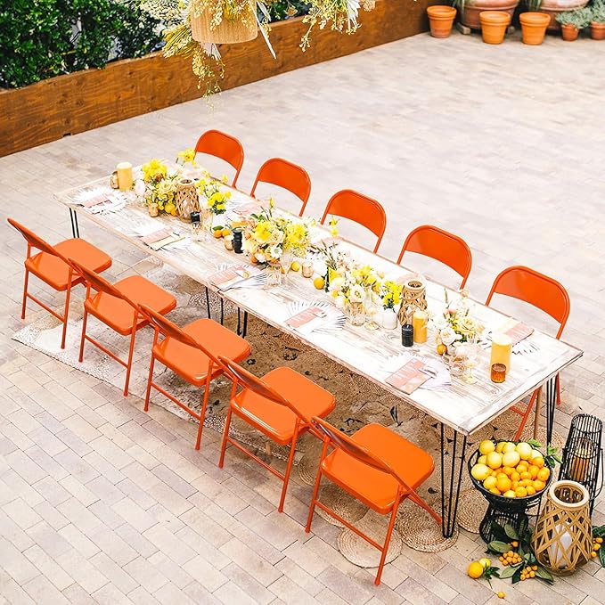 VINGLI Folding Chairs All Steel Metal Frame, Capacity 350 lbs, Durable Portable and Versatile for Indoor Outdoor Use, Orange, Set of 8
