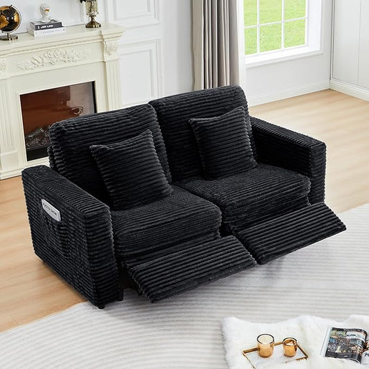 ORRD Power Reclining Sectional Sofa, Electric Loveseat Recliner with 2 Electric Footrest and Adjustable Headrest, Modern Plush Corduroy Fluffy Reclining Sectional with Deep Seat for Living Room-Black
