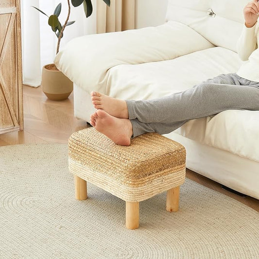 Ottoman Foot Stool Rectangular Footrest Natural Seagrass Footstool with Wooden Legs Hand Weave Multifunctional Modern Dressing Stool, Sofa Side Table for Bedroom for Living Room (White)