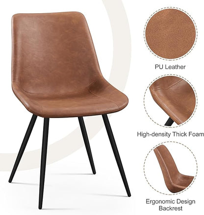 Yaheetech Dining Room Chairs Set of 2 Mid Century Modern Kitchen Chairs with Upholstered Faux Leather and Metal Legs for Dining Room, Living Room, Brown