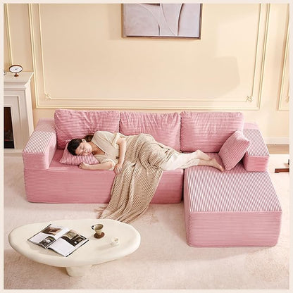 107" Boneless Couch with Deep Seat, Modular Sectional Sofa, Cloud Sectional Couch for Living Room, No Assembly Required, Corduroy, L-Shape Right，Pink