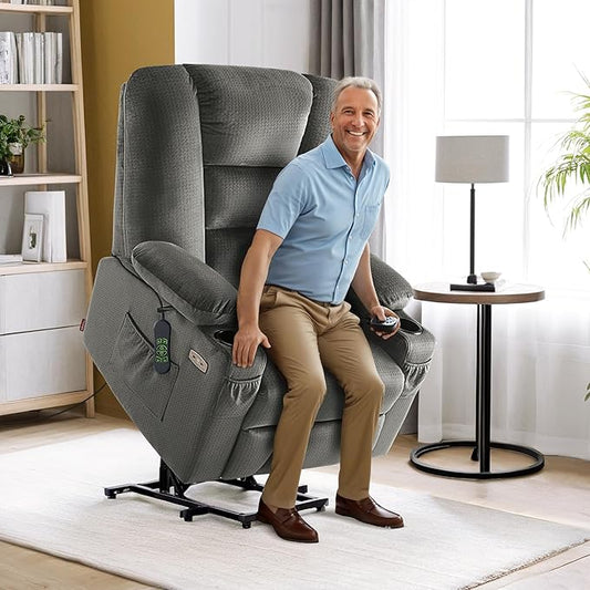 MCombo Large Power Lift Recliner Chair Sofa with Massage and Heat for Big and Tall Elderly People, 3 Positions, Cup Holders, and USB Ports, Fabric 7549 (Large, Grey)