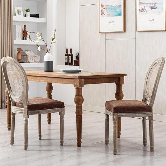 Farmhouse Leather Dining Chairs Set of 2 French Dining Room Chairs with Round Rattan Back Bistro Chairs for Dining Room/Living Room/Restaurant/Kitchen, Brown
