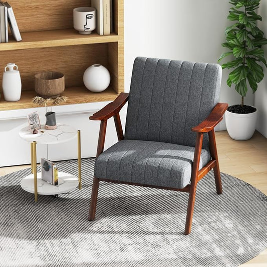 Giantex Mid-Century Modern Accent Chair, Upholstered Comfy Living Room Chair with Arms, Anti-Slip Felt Pads, Wooden Frame Soft Padded Armchair for Living Room Bedroom Office Study, Light Grey