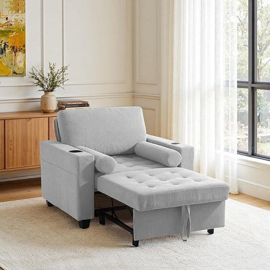 Convertible Sleeper Chair Bed, Comfy Corduroy Single Futon Sofa Chair with Pull Out Bed, 3-Levels Adjustable Backrest Accent Chair with Side Pockets, Cup Holder & USB Ports for Living Room, Bedroom