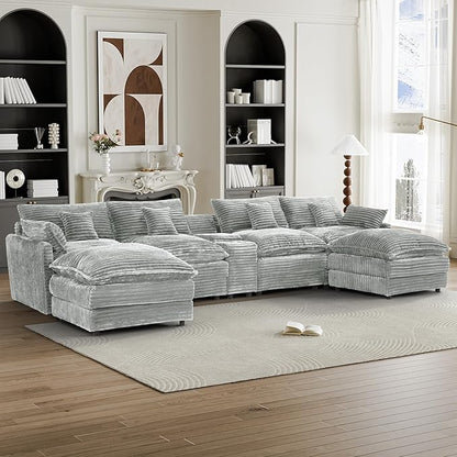 HYJT-H&K 145" U Shaped Cloud Couch Modular Light Grey Sectional Couches for Living Room, Comfy Fluffy Corduroy Oversized Cloud Sectional Couch Large 6 Seat Sectionals Sofa Set Central Console USB Port