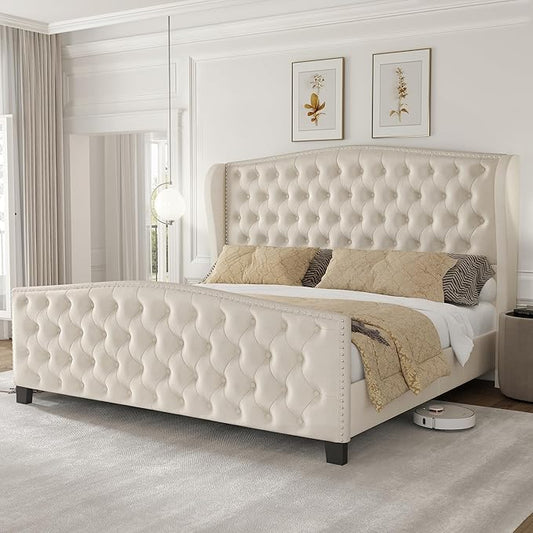 LARMACE King Size Bed Frame Velvet Upholstered Platform Bed with Wingback Headboard & Footbaord, Deep Button Tufted Bed Frame with Wood Slats Support, No Box Spring Needed, Beige