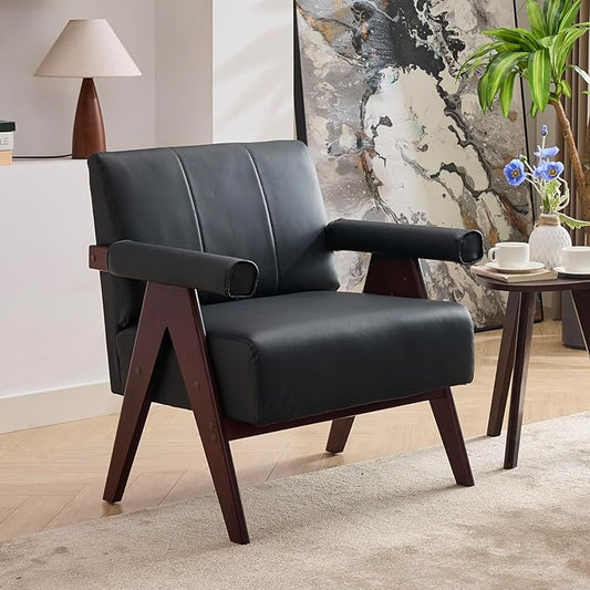 STHOUYN Black Leather Accent Chairs, Mid Century Modern Chair, Side Arm Chairs for Living Room, Office Guest Waiting Room Chairs (1, Black)
