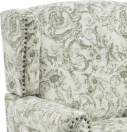 UIXE High Back Accent Chair, Fabric Upholstered Armchair for Living Room, Floral Printed Wingback Arm Chair with Solid Wood Legs, Retro Nailhead Trim Single Sofa Bedroom Reading Seat - Rococo Green
