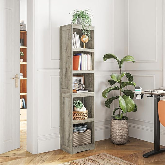 LINSY HOME 5-Shelf Bookcase, Narrow Bookshelves Floor Standing Display Storage Shelves 68 in Tall Bookcase Home Decor Furniture for Home Office, Living Room, Bed Room - Light Brown