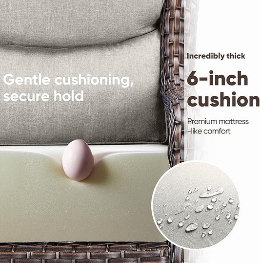 Swivel Patio Chairs sofa Set of 7 with 6" Thick Cushion - Wicker Outdoor Swivel Rocker Patio Chair ,Sofa/Glass coffee table, High Back Comfortable Outdoor Glider Chairs - Brown Wicker Beige Cushions