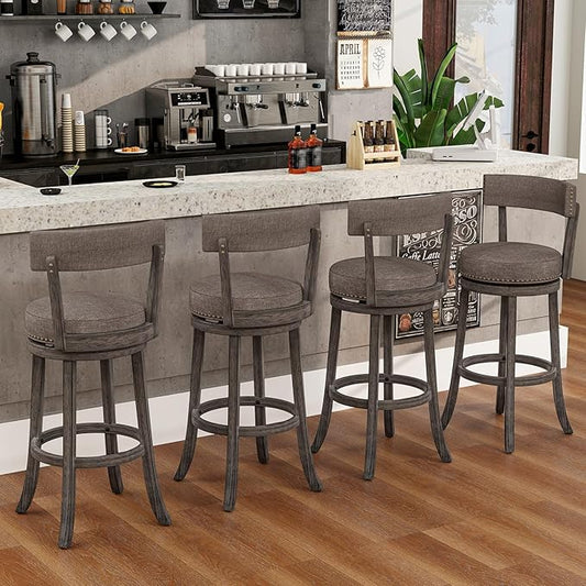 COSTWAY Bar Stools Set of 4, Upholstered Farmhouse Bar stools with Cushioned Seat & Backrest, Solid Wood Legs, Footrest, 31” Bar Height Swivel Stools for Kitchen Island, Pub (4, 31'' Seat Height)