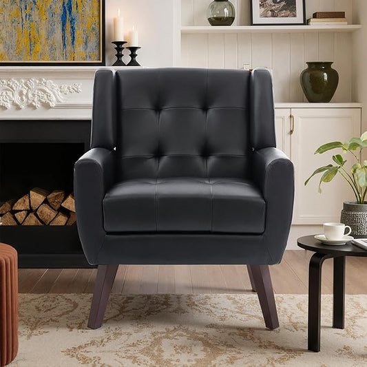 Faux Leather Accent Chair, Mid-Century Modern Upholstered Armchair, Comfy Living Room Chairs Reading Chairs with Button Tufted Back & Solid Wood Legs for Bedroom, Office, Black