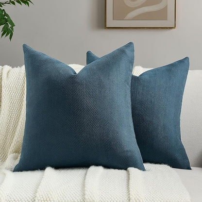 FUTEI Navy Blue Chenille Throw Pillow Covers 16x16 Inch Set of 2,Soft Wide Chevron Textured Cushion Case,Farmhouse Home Decor for Couch Bed Living Room