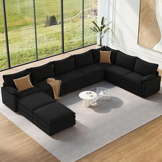 Vesgantti Large Modular Sectional Sofa, Big Comfy Cloud Couch with Ottoman Deep Seat Chenille Cloud Sofa, 9 Seater Large Sectional Couches for Living Room, Bedroom and Apartment, Black