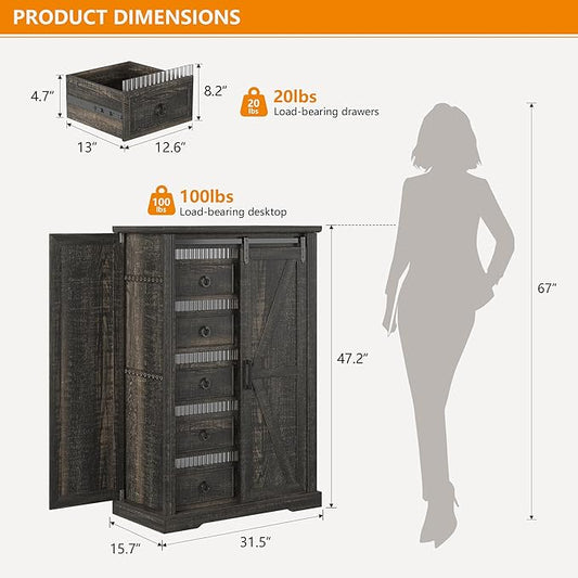 5 Drawers Dresser for Bedroom w/Sliding Barn Door, Farmhouse Wood Dresser with LED Lights, Chest of Drawers Tall Dressers for Bedroom, Living Room, Hallway, Kids Room, Brown