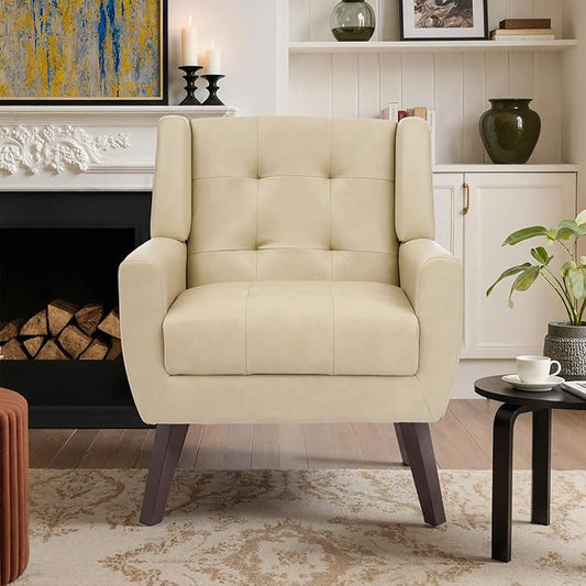 Faux Leather Accent Chair, Mid-Century Modern Upholstered Armchair, Comfy Living Room Chairs Reading Chairs with Button Tufted Back & Solid Wood Legs for Bedroom, Office, Cream