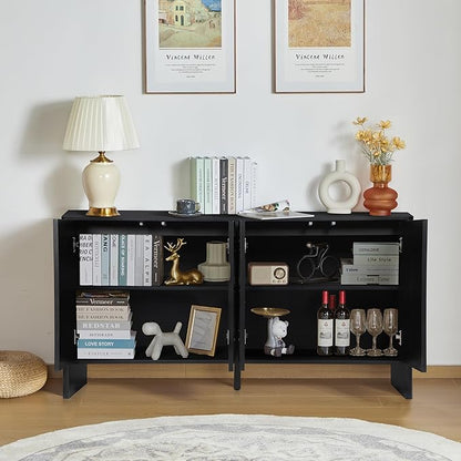Sideboard Buffets Cabinet, Modern Accent Storage Cabinet with 4 Fluted Doors and Adjustable Shelves, Wood Credenza Buffet Sideboards, Console Table for Kitchen Dining Living Room Entryway (Black)