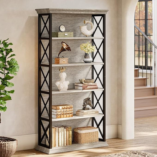 Tribesigns 71-Inch Tall Bookcase, 5-Tier Industrial Metal Bookshelf, Large Etagere Bookcases and Bookshelves, Freestanding Display Shelves for Living Room, Bedroom, Gray and Black