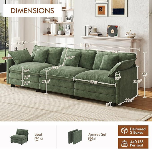 WorthFurni 111.4” Cloud Couch, Modular Sectional Sofa, Comfy Modern 3-Seater Couches with Pillows & Upholstered Deep Seat Cushion for Living Room Apartment Bedroom (Green)