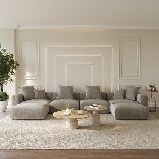 WJShome Cloud Couch Modular Sectional Sofa,181.1inch U Shaped Couch,Oversized Corduroy Couches with Ottoman and 6 Pillows,Brown 6 Seater,Cushion Covers Removable& Washable