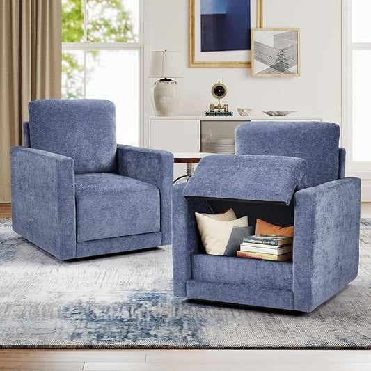 INZOY Swivel Accent Chair Set of 2, Comfy 360° Swivel Chair with Hidden Storage, Upholstered Chenille Square Chair for Living Room Bedroom Small Spaces, Fully Assembled, Blue